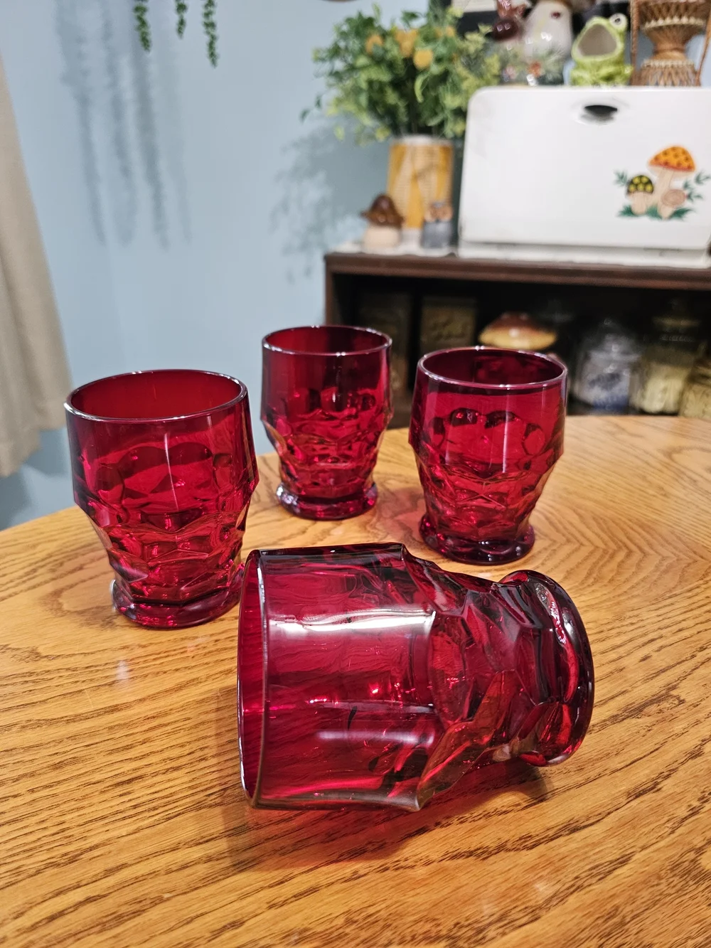 Vintage MCM Ruby Red Set of 4 Georgian Honeycomb Viking Glass Lowball Tumbler